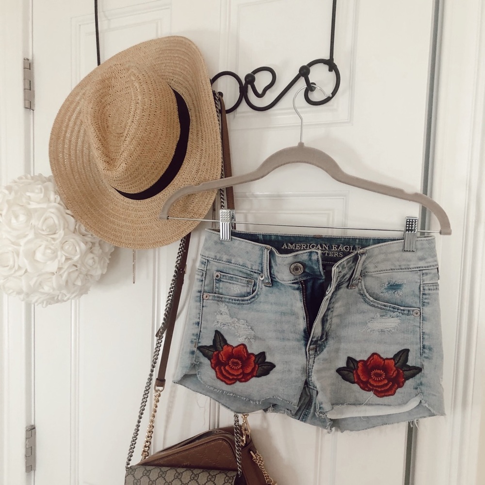 american eagle rose embroidered shorts